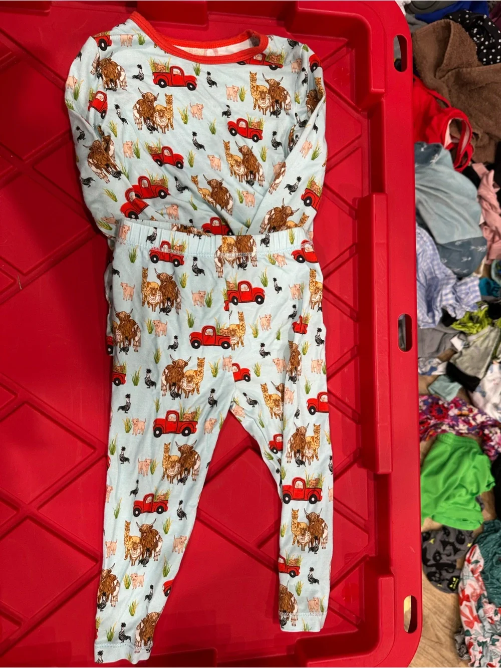 Kids Farm Animal Print Pajama Set - Light Blue with Red Trucks